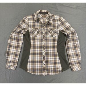 REI Womens Plaid Flannel Button Down Shirt Wool Blend Stretch Side Panels Size M